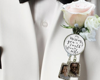 Groom's Boutonniere Pin Missing You As I Walk Down Aisle Silvertone 1 & 2 Photo Frame Charms Men's Wedding Memorial Jewelry Brooch