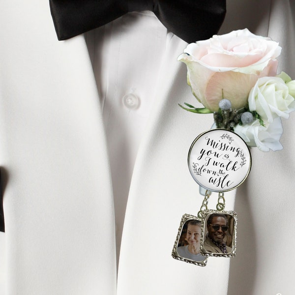 Groom's Boutonniere Pin Missing You As I Walk Down Aisle Silvertone 1 & 2 Photo Frame Charms Men's Wedding Memorial Jewelry Brooch