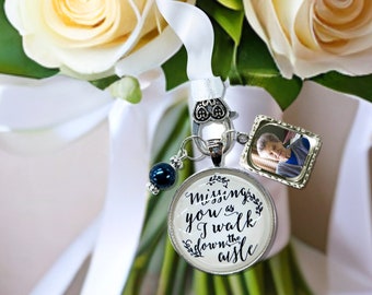 Gutsy Goodness Wedding Bouquet Charm Missing You White Silver Tone Charm Photo Jewelry Blue Bead Sentimental Keepsake Gift For The Bride