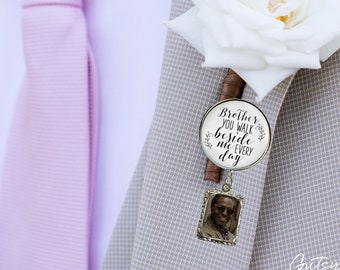 Groom's Boutonniere Pin Brother You Walk Beside Me Every Day Silvertone White Photo Frame Charm Men's Wedding Memorial Jewelry Brooch