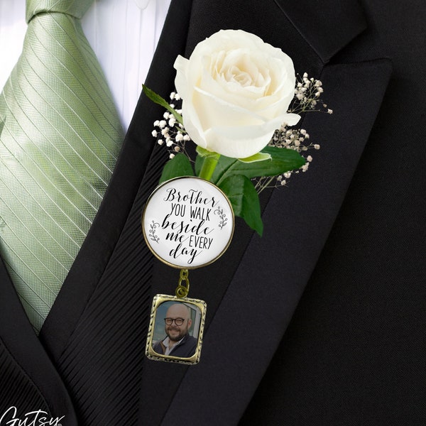 Groom's Boutonniere Pin Brother You Walk Beside Me Every Day Bronze White Photo Frame Charm Men's Wedding Memorial Jewelry Brooch