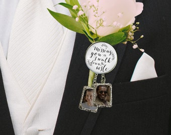 Groom's Boutonniere Pin Missing You As I Walk Down Aisle Bronze White 1 & 2 Photo Frame Charms Men's Wedding Memorial Jewelry Brooch