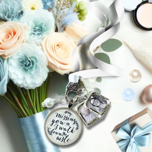 Gutsy Goodness Bouquet Wedding Charm Missing You Silver Tone Bridal Memorial Photo Jewelry 2 Frames Bereavement Keepsake Gift For The Bride image 1