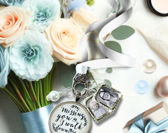 Gutsy Goodness Bouquet Wedding Charm Missing You Silver Tone Bridal Memorial Photo Jewelry 2 Frames Bereavement Keepsake Gift For The Bride