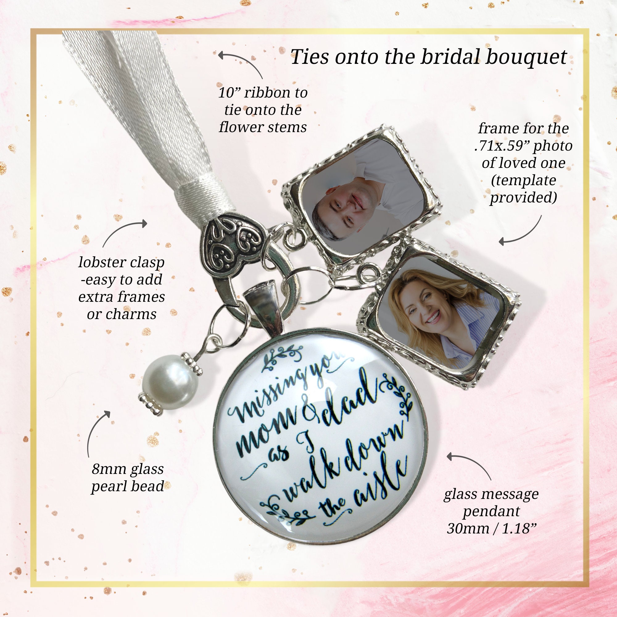 Bouquet Charm Mom Dad Parents of Bride Wedding White Silver Tone Memory 2 Photo Frame