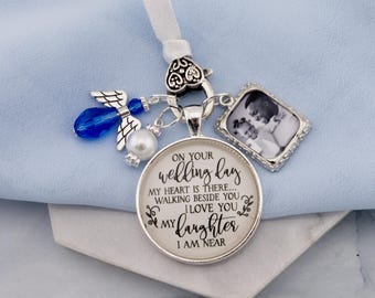 Bouquet Charm for Bride to Honor Mom or Dad | On Your Wedding Day Daughter | Something Blue Memorial for Parent | Photo Frame Keepsake Gift