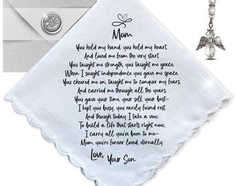 Wedding Handkerchief for Mom from Son | Mother of the Groom Keepsake Poem | Angel Charm & Card | Unique Sentimental Gift on Day of Ceremony