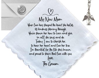 Mother in Law of the Groom Handkerchief Wedding Day Gift from New Son | For Bride's Mom from SIL Poem | Angel Charm Keepsake, Card, Envelope
