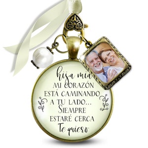 Spanish Memorial Bridal Bouquet Charm On Your Wedding Day My Daughter Honor Mom or Dad 1 Photo Frame Bronze White Bead Memory Brides Parents