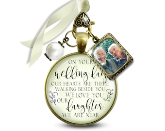 Bouquet Charm Wedding Memorial of Mother and Father On Your Day Our Daughter 1 Frame Bronze Cream Glass White Bead Memory Bride's Parents