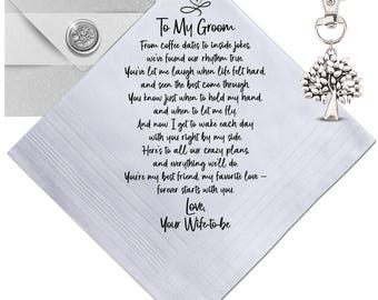 Groom Handkerchief From the Bride | On Our Wedding Day Fun + Sweet Gift | Wife to Be Loves You Poem, Card, Keychain & Wax-Sealed Envelope