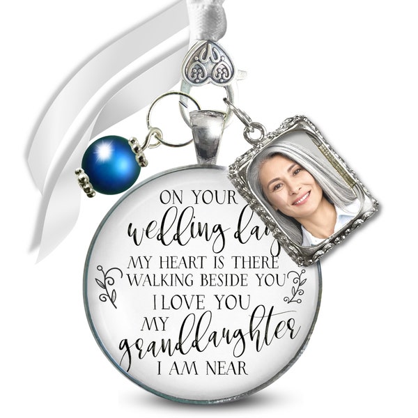 Bridal Bouquet Charm Memory of Grandparent On Your Wedding Day My Granddaughter Something Blue Bead 1 Frame Silver Grandma or Grandpa DIY