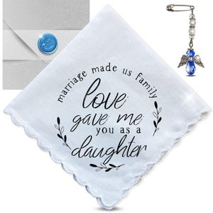 Daughter in Law Wedding Handkerchief – Keepsake Gift from Future Mother-in-Law – Hankie with Angel Charm, Note Card, Envelope & Wax Seal