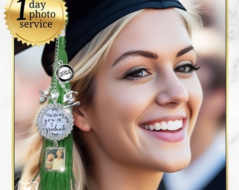 Graduation Cap Tassel Memorial Photo Charm Rhinestone Personalize Missing You Pendant Silver Memory Picture Frame 2024 Womens Gift Box, Card