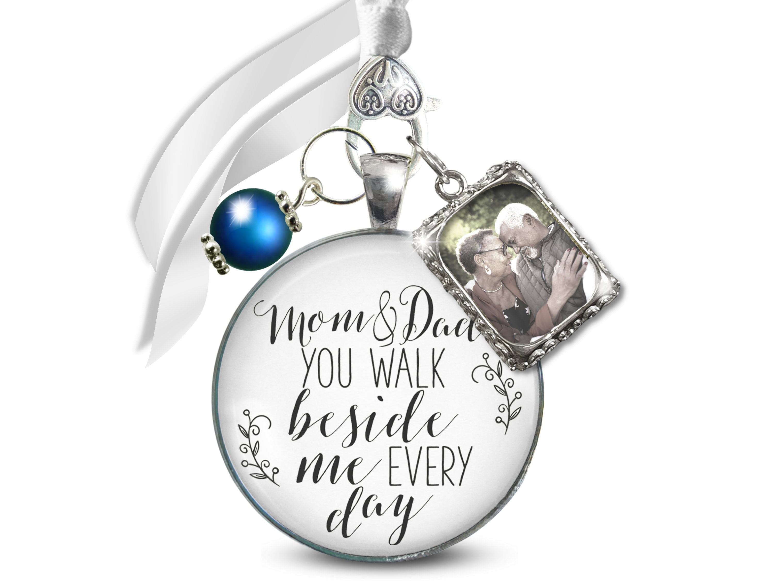 Bouquet Charm Mom Dad Parents of Bride Wedding White Silver Tone Memory 2 Photo Frame
