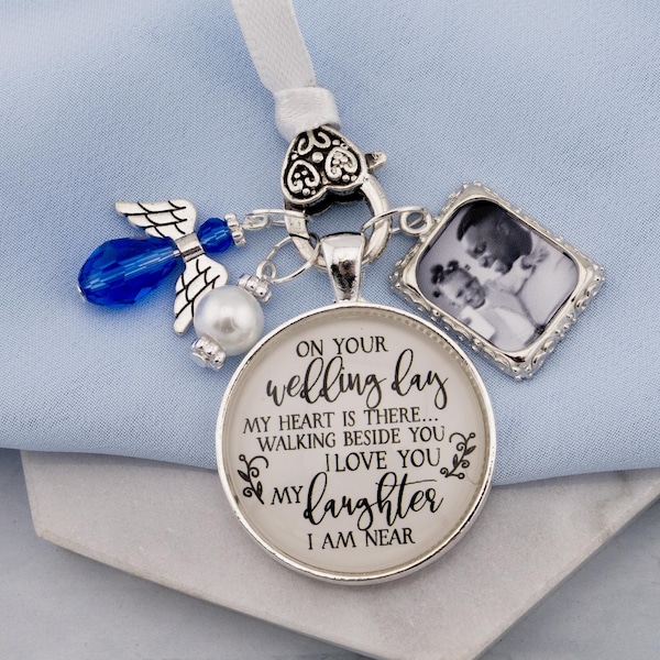 Bridal Bouquet Charm | On Your Wedding Day to Daughter Memorial for Mom or Dad | Something Blue Pearl & Photo Frame Keepsake Gift for Bride