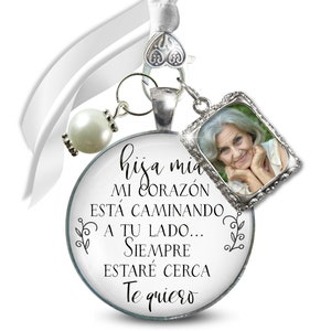 Spanish Memory Bouquet Charm Mom or Dad On Your Wedding Day My Daughter 1 Frame Silver White Bead Remembrance Mother or Father of Bride