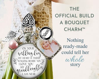 Build Your Own Wedding Bouquet Memorial Charm to Honor Grandparents, Personalized Photo Keepsake, 3 Charms, Rhinestone Pin, Gift Ready