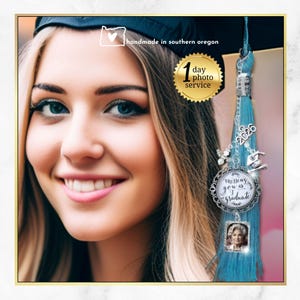 Missing You as I Graduate 2026 Cap Hat Tassel Memory Photo Charm with Angel | Lace Filigree, Classic or Rhinestone | Gift Box & Message Card