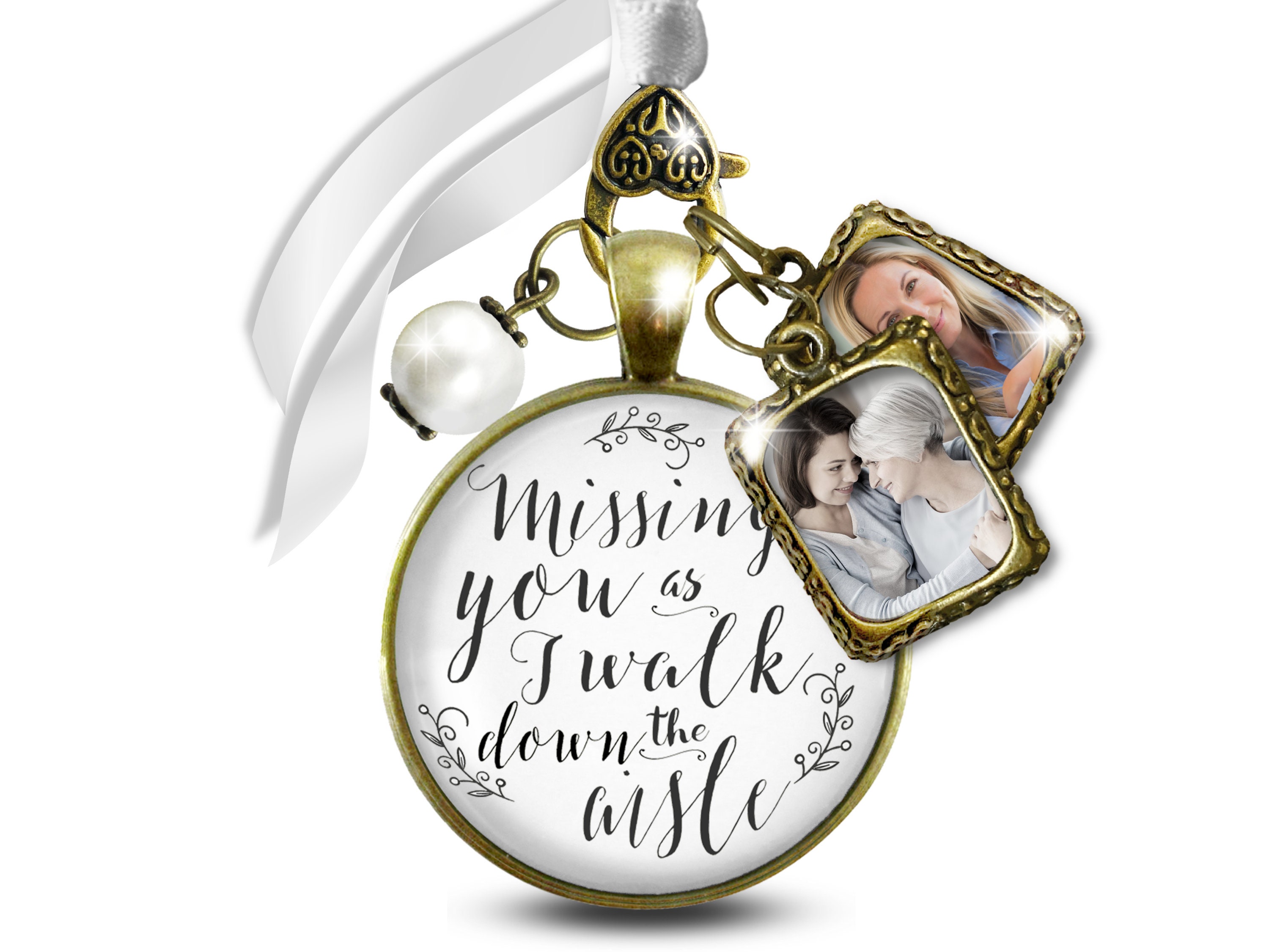 Wedding Memory Bouquet Charm Missing Grandma and Grandpa 2 Frames Bridal  Memorial White Silver Finish DIY Picture Template