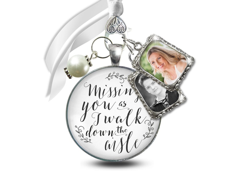 Gutsy Goodness Bouquet Wedding Charm Missing You Silver Tone Bridal Memorial Photo Jewelry 2 Frames Bereavement Keepsake Gift For The Bride image 7