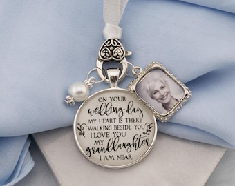 Bouquet Charm Grandma Grandpa Wedding Photo Picture Frame for Granddaughter Bridal Memory Something Blue Angel Silver Locket Gift Card & Box