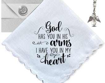 Sympathy Gift Handkerchief Grieving Loss | God Has You in Arms Quote Hanky | Religious Keepsake with Angel Charm Card & Wax-Sealed Envelope