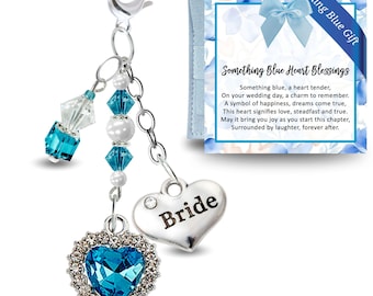 Something Blue Heart For Bride Gift On Wedding Day, Handmade Faceted Glass Aqua Blue Heart Pendant Bouquet Charm, Jewelry Pouch, Box & Card