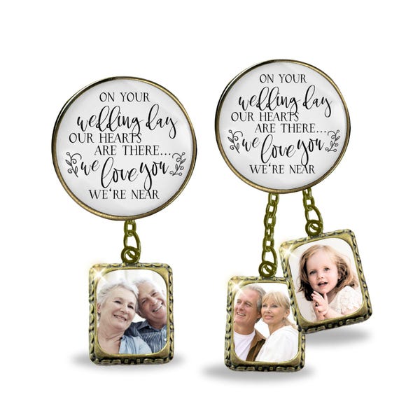 En el día de tu boda, te amamos, estamos cerca Broche de bronce para el ojal del novio, 1 o 2 fotos, marco de fotos, joyería conmemorativa para bodas