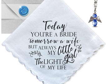 Today a Bride Tomorrow a Wife Wedding Handkerchief from Mom and/or Dad to Daughter | Something Blue Angel Charm, Note Card, Unique Envelope
