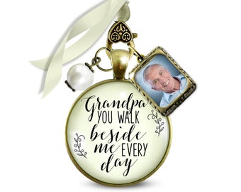 Grandfather Wedding Bouquet Charm Grandpa You Walk Beside Me Photo Frame Memorial Rustic Remembrance Loving Memory Jewelry Bridal Flowers