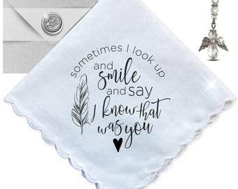 Sympathy Gift Handkerchief Grieving Loss |  I Look Up, Smile, Know it's You Hanky | Religious Keepsake, Angel Charm Card, Elegant Envelope