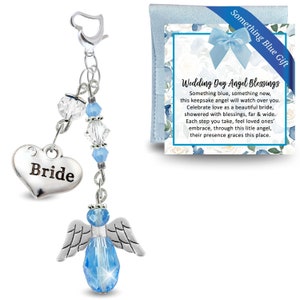 Charm ange quelque chose de bleu pour la mariée le jour du mariage, carte de pochette de voyage de bijoux de bouquet de gardien bleu ciel en verre fait main de maman soeur