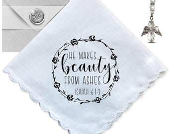 He Makes Beauty From Ashes Thinking of You Handkerchief | Bible Verse Christian Encouragement Gift for Friend | Angel Charm Card & Envelope