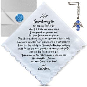 Granddaughter Wedding Gift from Grandma | Scalloped Handkerchief with Poem | Keepsake Angel for Bride | Message Card & Handmade Envelope