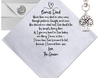Stepdad or Bonus Dad Handkerchief | Thank You Wedding Day Gift from Groom Son | Sentimental Keepsake Hankie, Tree of Life Keychain, Envelope