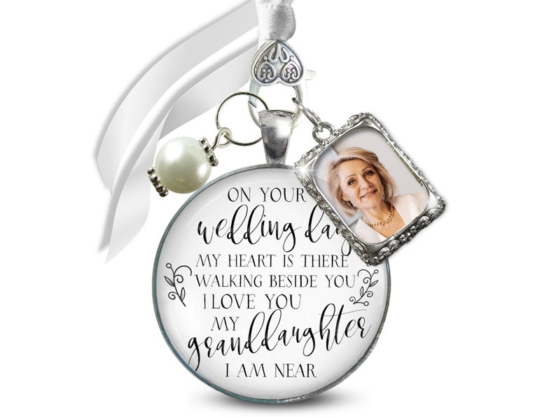 Bouquet Picture Photo Charm Grandparent On Your Wedding Day My Granddaughter 1 Frame Antique Silver Pendant White Bead Bride Grandma Grandpa image 1