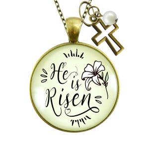 Gutsy Goodness Faith Necklace He Is Risen! Christian Easter White Lily Jewelry Cross Charm Faith Godly Gift For Her Mother Daughter Grandma