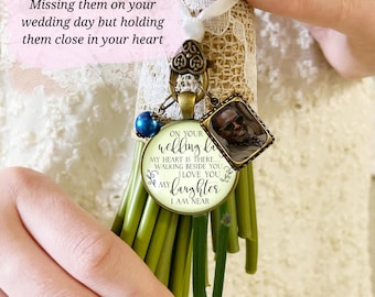 Cannot Attend Long Distance Wedding My Daughter Bouquet Charm From Mom or Dad On Your Day Something Blue Bead 1 Frame Vintage Bronze Cream