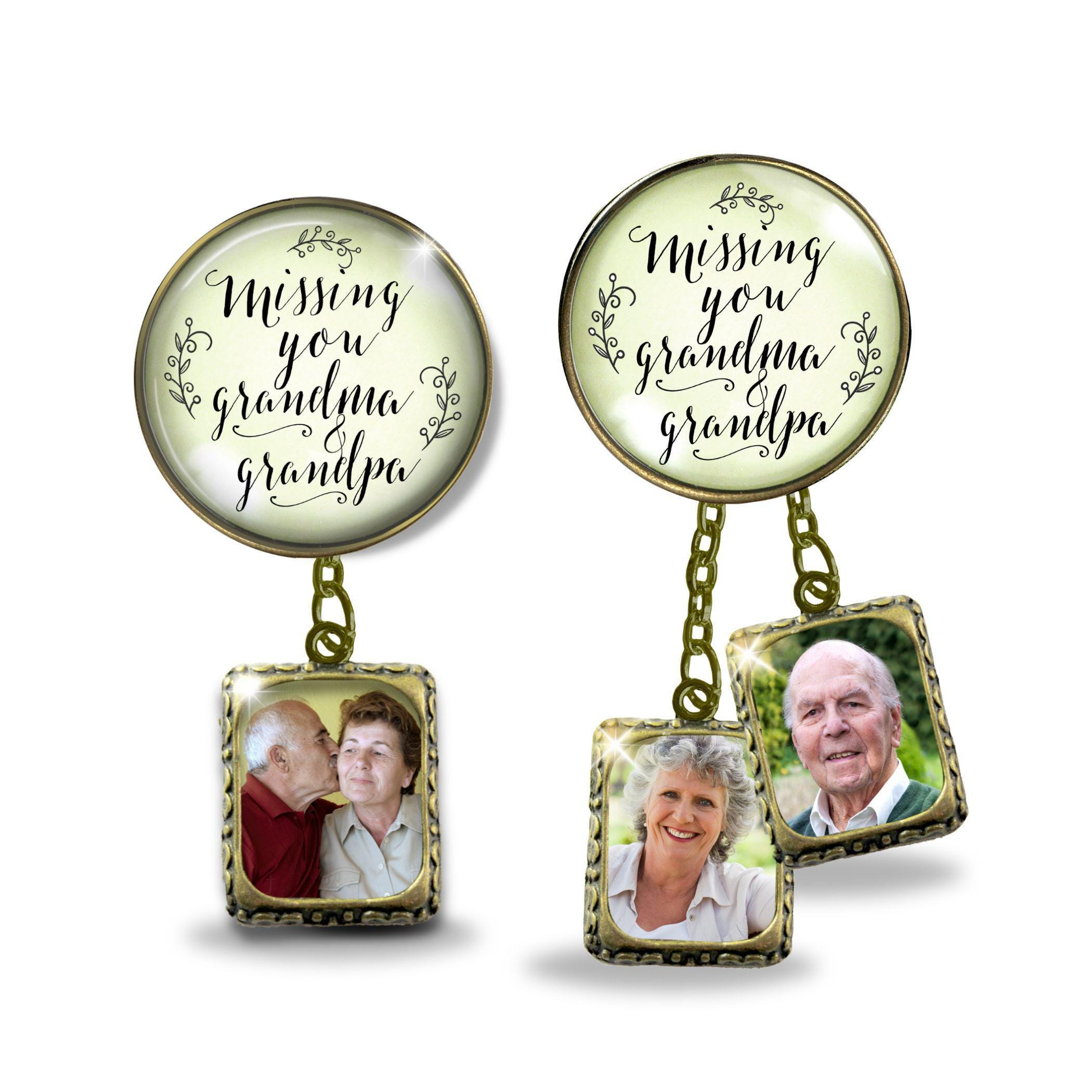 Groom's Boutonniere Pin Missing Grandma and Grandpa Bronze Cream 1 or 2 Photo Picture Frame Charms Men's Wedding Parents Memorial Brooch