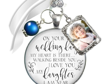 Bridal Bouquet Charm | On Your Wedding Day to Daughter Memorial for Mom or Dad | Something Blue Pearl & Photo Frame Keepsake Gift for Bride
