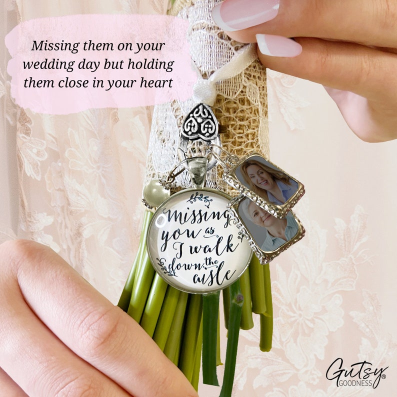 Gutsy Goodness Bouquet Wedding Charm Missing You Silver Tone Bridal Memorial Photo Jewelry 2 Frames Bereavement Keepsake Gift For The Bride image 9