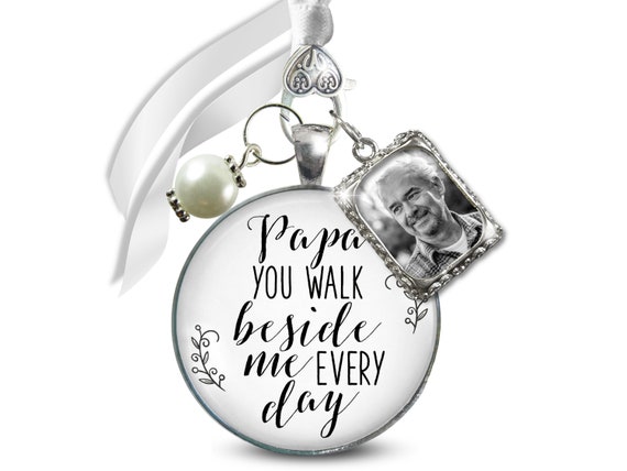 Bridal Bouquet Charm Dad Beside Me White Wedding Father Memorial Photo Jewelry