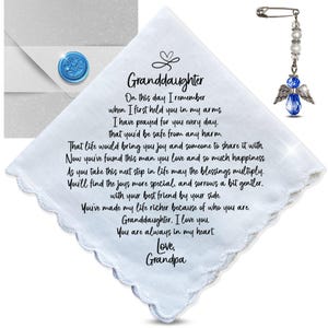 Granddaughter Wedding Gift from Grandpa | Scalloped Handkerchief with Poem | Keepsake Angel for Bride | Message Card & Handmade Envelope
