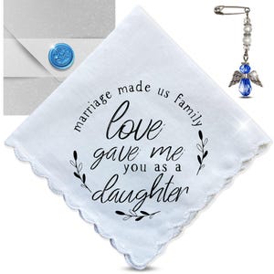 Mouchoir de mariage pour belle-fille - Cadeau souvenir de la future belle-mère - Mouchoir avec breloque ange, carte de correspondance, enveloppe et cachet de cire