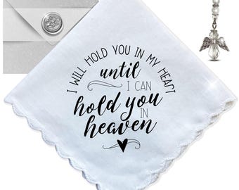 Sympathy Memorial Handkerchief Gift | Hold You in My Heart Poem | Keepsake Angel Charm, Greeting Card Words & Envelope for Loss of Loved One