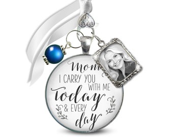 Memorial Bouquet Charm - Personalized Gift for Bride to Honor Deceased Mom in Wedding - Handmade Something Blue Pearl, Card, Photo Options