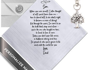 To My Son on His Wedding Day | Groom Handkerchief Gift from Dad | Keepsake Hankie + Proud of You Poem from Father | Keychain and Envelope