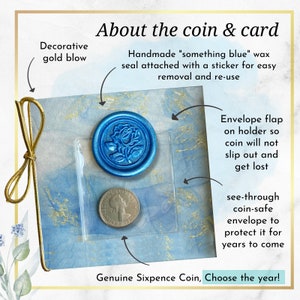 Sixpence Coin For Bride's Shoe Something Old New Borrowed Blue Keepsake Gift 4-Piece Bridal Shower Unique Idea Wedding Greeting Card 1953-67 afbeelding 5