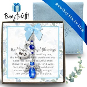 Something Blue Angel Charm for Bride on Wedding Day Gift, Handmade Elemental Blue Glass Bouquet Token Jewelry Pouch, Card From Best Friend